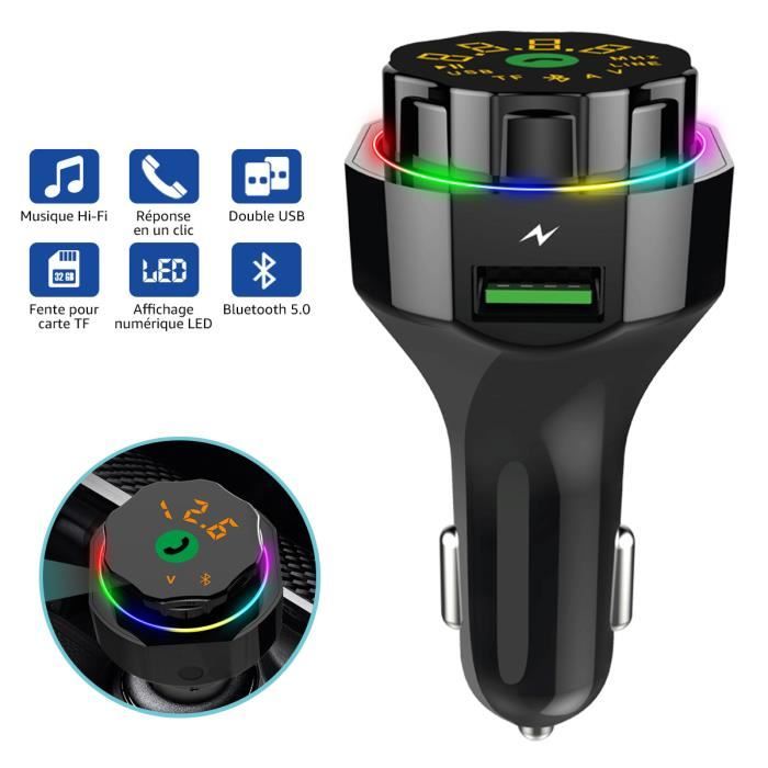 7MAGIC Transmetteur FM voiture, connexion sans fil Bluetooth 5.0, 2 prises USB, 1 prise pour carte TF, son HIFI de haute qualité