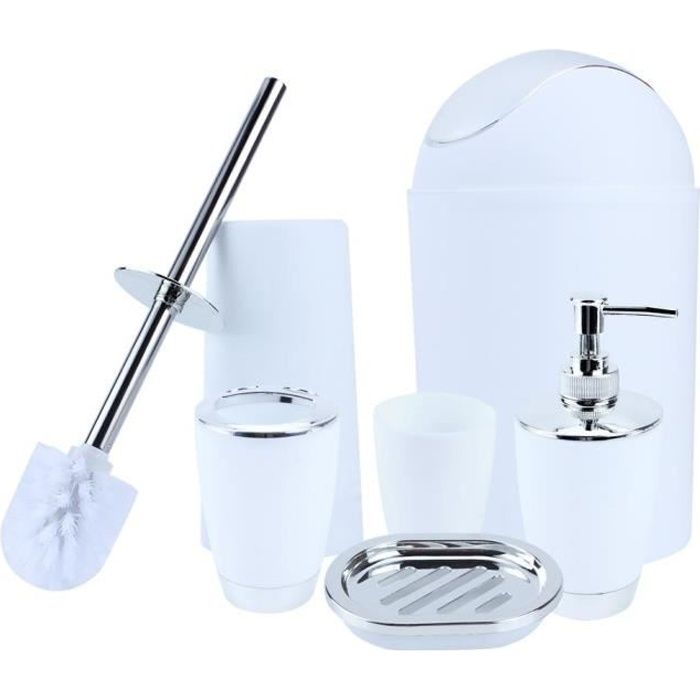 6pcs accessoires de salle de bain comprend distributeur de savon, brosse de WC et poubelle（blanc）-LTP