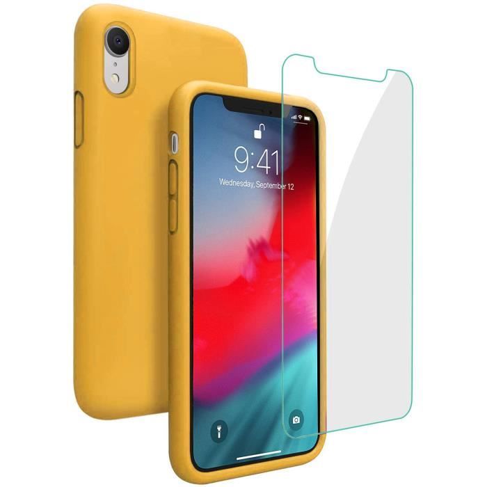 Coque iphone XR Jaune, Silicone Liquide Housse avec Ecran Verre Trempé Gratuit (Jaune)