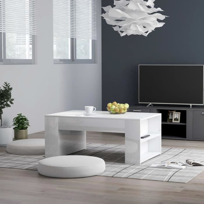 Table basse design industriel Table de Salon contemporain Cafén Blanc brillant 100x60x42 cm Aggloméré