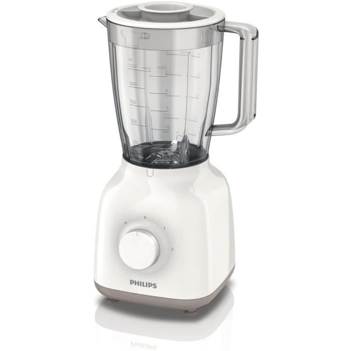 Philips HR2100/00 Blender Daily Collection, 400 W, Bol en Plastique 1,5 L, 2 Vitesses et Fonction Pulse, Lames ProBlend 4 -Blanc et