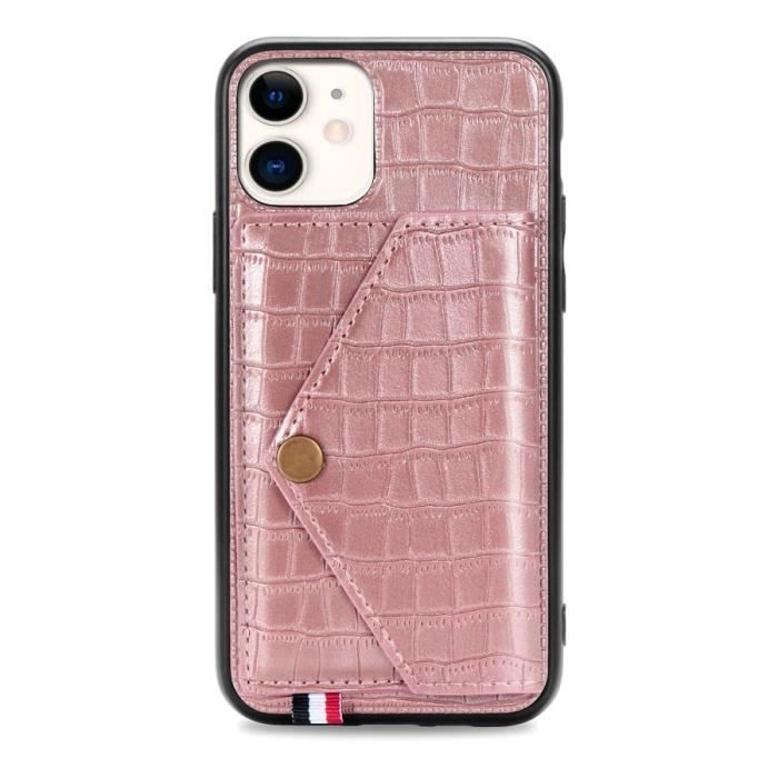Étui iPhone 11, Cuir Porte-Cartes Motif à Crocodile Silicone Ultra-fin Support Housse Protection, Or rose