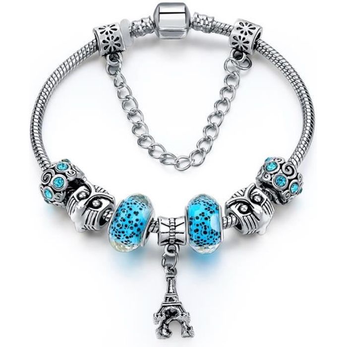 Bracelet de Type Pandora en Argent Tibétain et Perle en verre et cristal bleu Pendant Tour Eifel