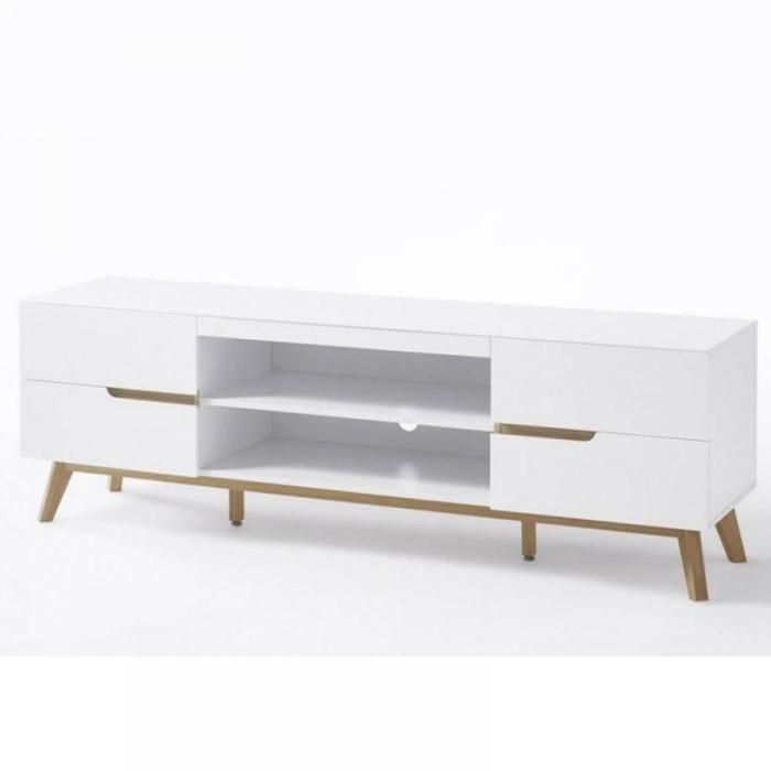 Meuble TV CACHAN blanc laque mat 4 tiroirs 2 niches piétement chêne blanc Bois Inside75