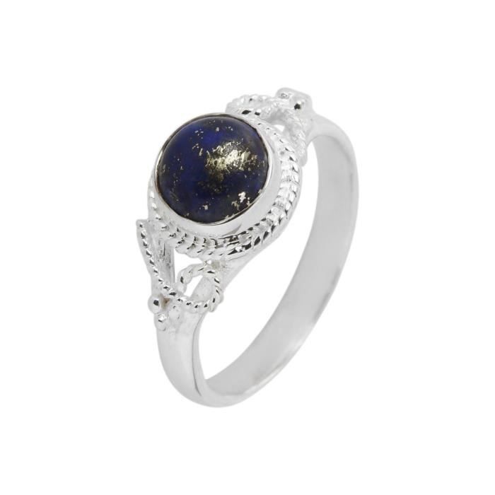 Bague Argent 925 Lapis Lazuli Cabochon Rond 7mm - Bijoux Femme