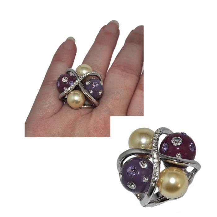 Grosse bague originale plaqué argent rhodié perles violet et nacrée T 52 bijou