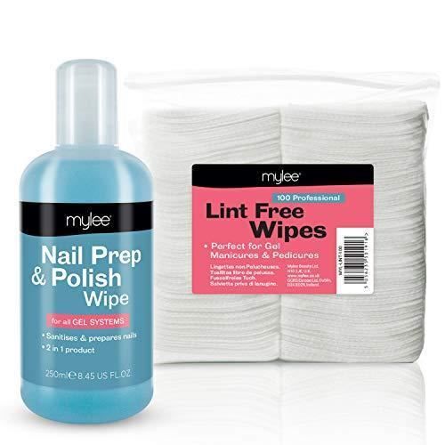 Kit de Préparation Manucure pour Ongles Mylee Prep & Wipe 250ml + 100 Lingettes Imbibées, Sans Peluches Pour Manucure À Lampe UV LED