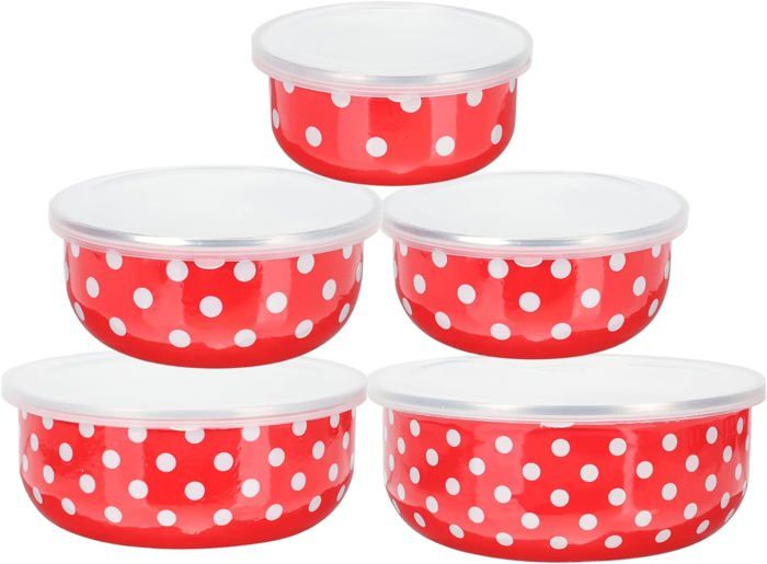 Lot De 5 Bols En émail Avec Couvercle - Bols Mélangeurs Métal émaillé Pour Cuisine, Service