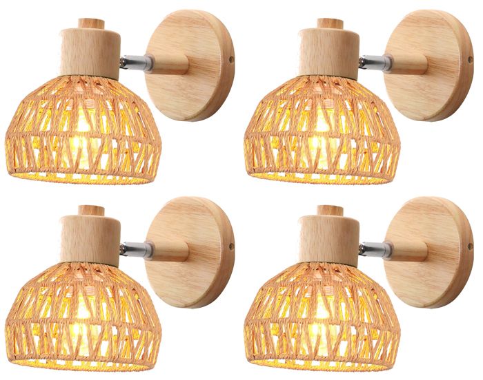IDEGU Lot de 4 Applique Murale Vintage 15cm Lampe Murale Réglable en Bois et Rotin Luminaire Applique Vintage pour Salon Chambre