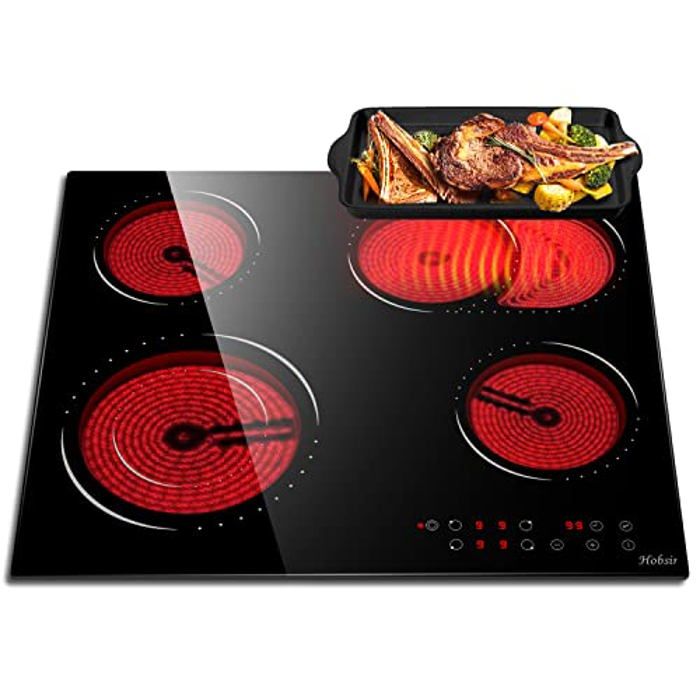 Hobsir Plaque de Cuisson - Vitrocéramique - 4 Foyers - L59 x P52 cm - Encastrable - Double Zone Extensible - 6600W