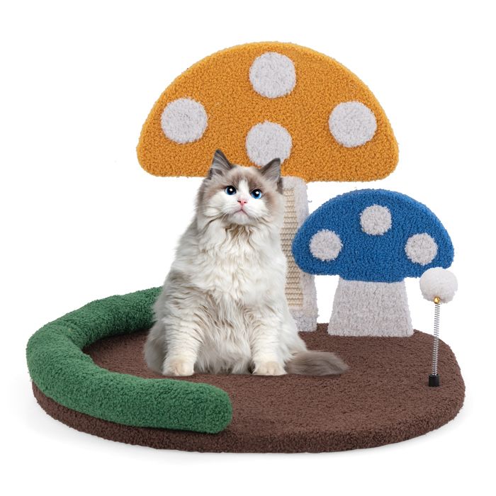 Comparer les prix de Lit pour Chat 3 en 1 COSTWAY, Forme de Champignon, Griffoir en Sisal, Boule à Ressort, Plateforme pour Chat avec Jouets Interactifs