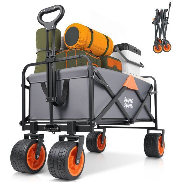 Brouette pliable tout-terrain SUMOSUMA JBW-05 - Chariot de jardin & camping 150L - Roues épaissies 9cm 360° freins - Charge 200kg