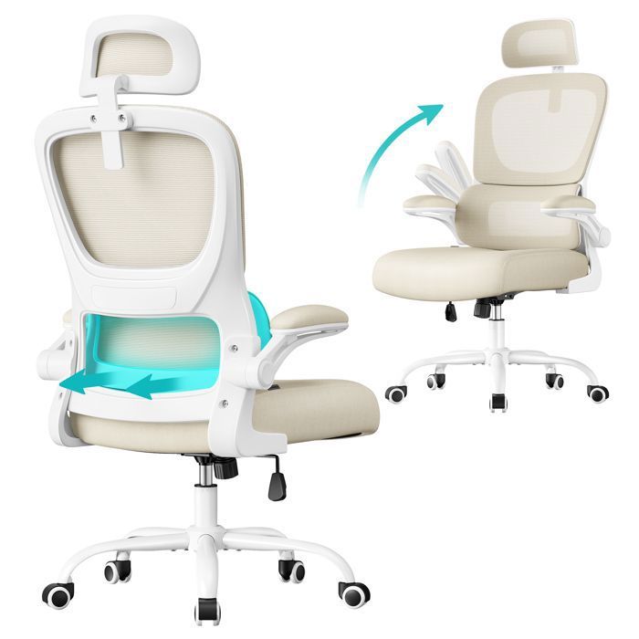 Chaise de Bureau avec Tissu en Maille Double Couche Accoudoirs Rabattables Soutien Lombaire et Appui-Tête Réglables Beige Sable