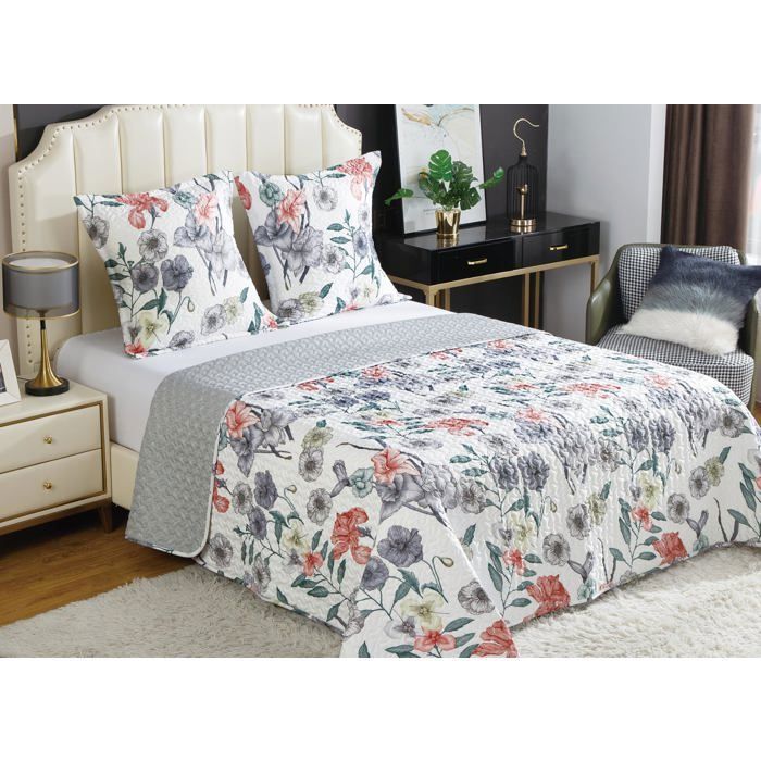 Couvre-lit Matelassé Boutis Fanny & Céline - Dimensions 220x240 Cm + 2 Taies D'oreiller 65x65 Cm - Microfibre, Garnissage Polyester 250 G/m², Lavable 30° - 12