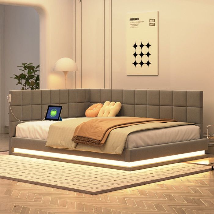Canapé-lit 140x200 - Tissu velours - LED - USB - Sommier à lattes robuste