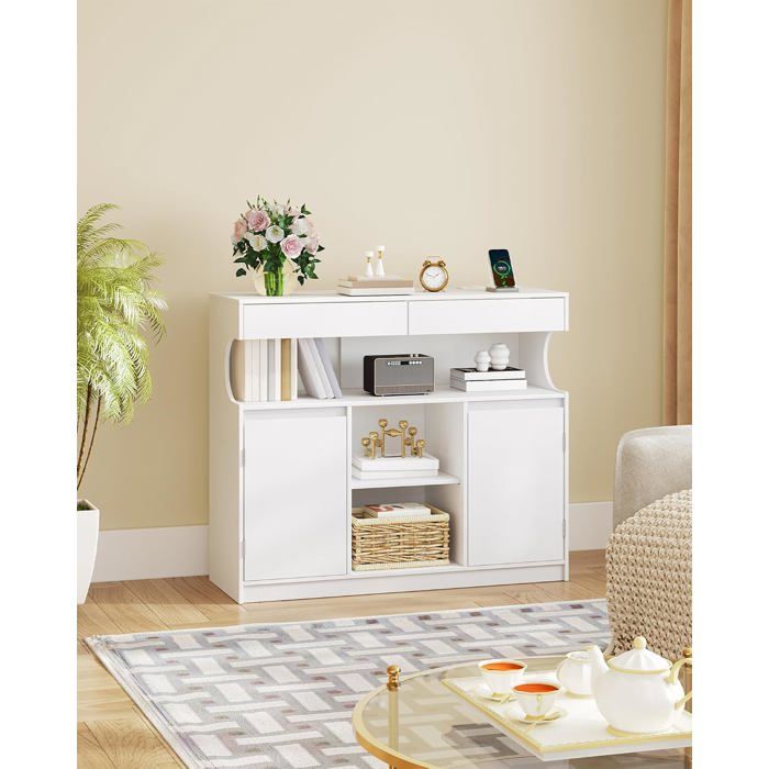 Buffet Cuisine Meuble de Rangementavec Multiprise et Éclairage LED2 Tiroirs et 2 PortesÉtagères Réglables35 x 100 x 85
