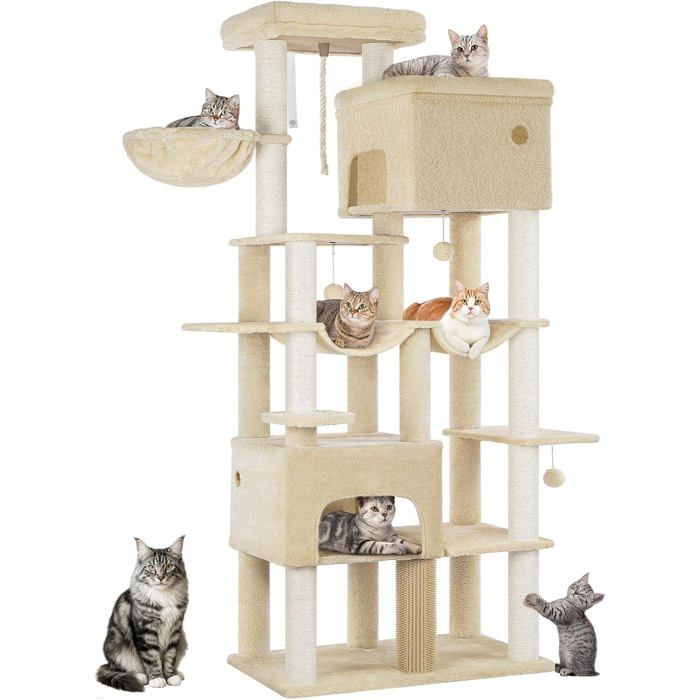 Comparer les prix de Arbre à Chat Grand Tour à Chat de 200 cm de Haut avec 10 Griffoirs 2 Plateformes Géantes 2 Niches2 HamacsPomponsPanierBeige