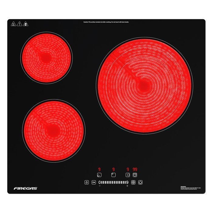 Plaque Vitrocéramique FIREGAS 59 cm 3 foyers 5900W 9 niveaux de Puissance minuterie 99 min encastrable