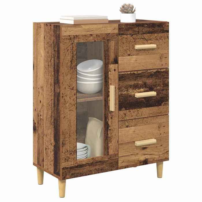 Buffet bois ancien - GKO - 69 5x34x90 cm - Bois dingénierie - Tiroir - Porte en verre - Poids maximal 60 kg