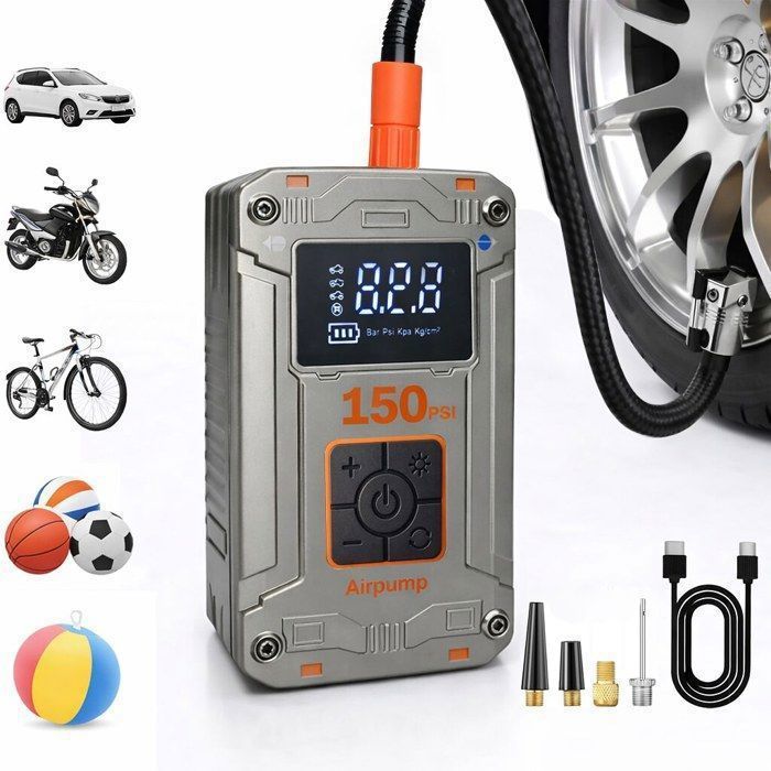 Gonfleur Pneus VoitureCompresseur à Air Portatif sans Fil150 PSI (10 Bar)Gonfleur Electrique Pompe a Velo Arrêt AutomatiqueLED