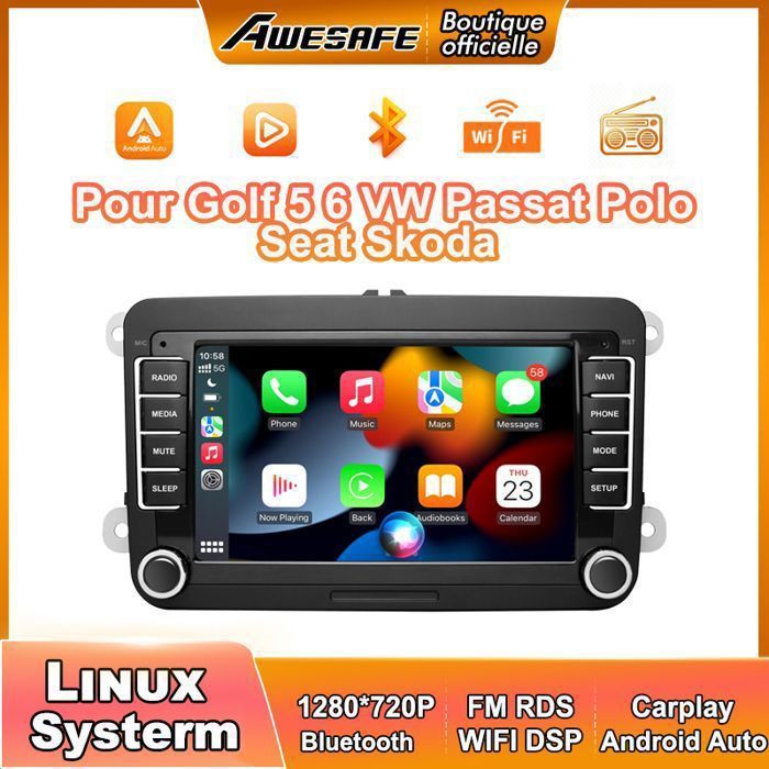 AWESAFE Linux Autoradio pour Golf 5 6 VW Passat Polo Seat Skoda 7écran Tactile Carplay Android Auto (Aucun système)