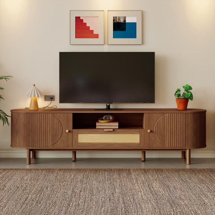 Meuble TV Vintage en Bois Effet Noyer avec Cannage Support TV pour Salon 175 x 36 x 51 cm Meuble TV Vintage en Bois Effet Noyer avec Cannage Support TV pour Salon 175 x 36 x 51 cm