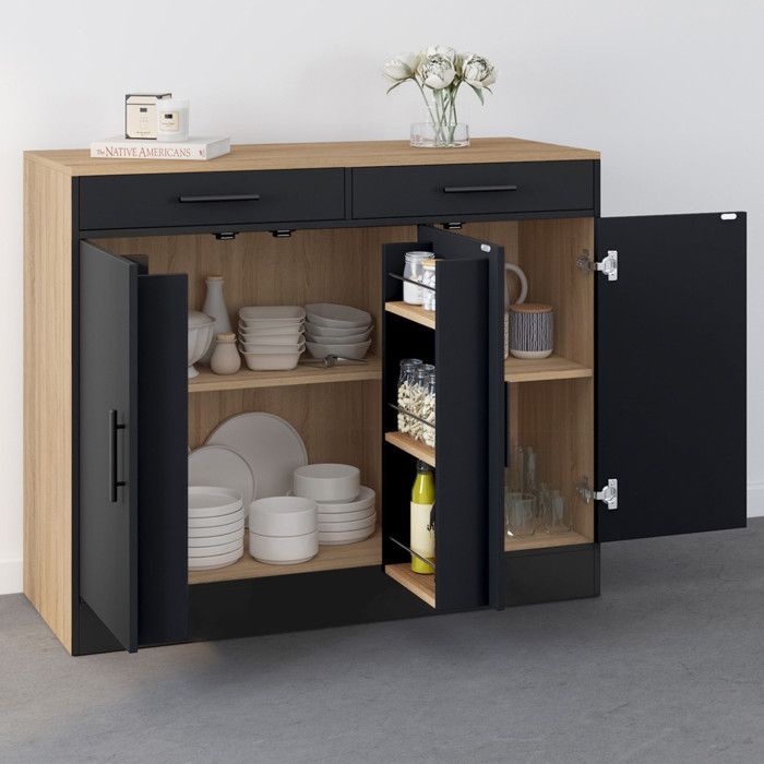 ID MARKET buffet 3 portes 110 cm Moderne bois effet hêtre et noir