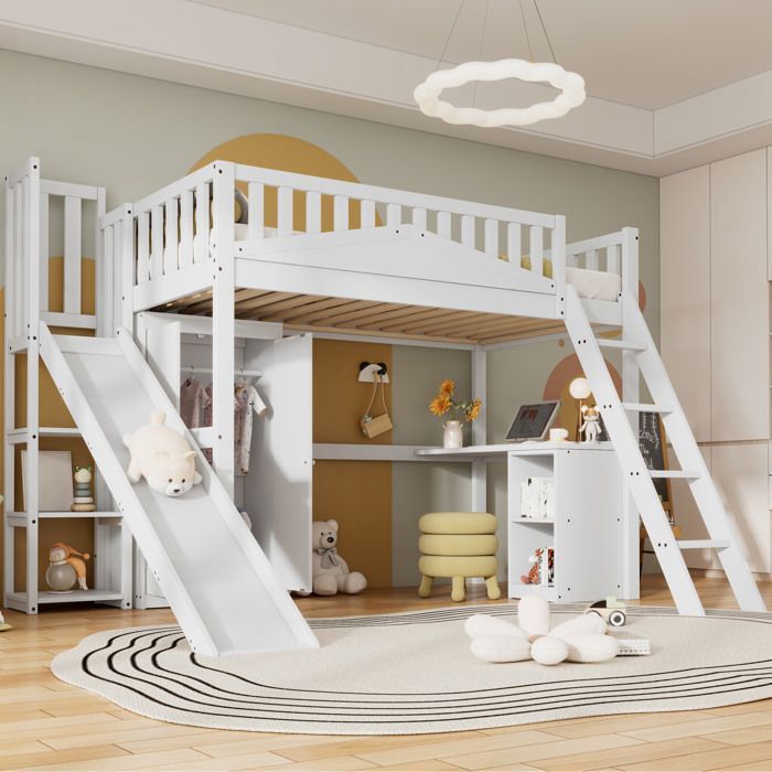 Lit superposé enfant blanc 90 × 200 cm avec toboggan bureau et armoire