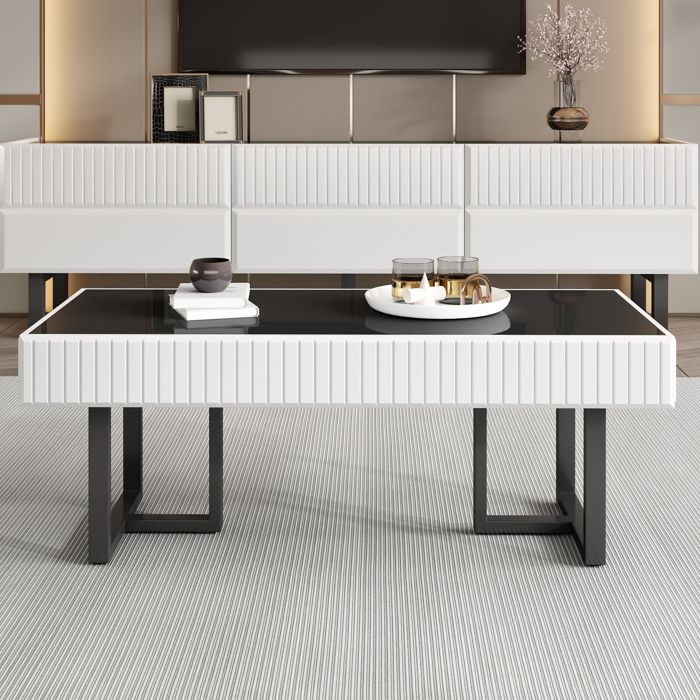 Ensemble meuble TV et table basse - KOMHTOM - 170x38x47 cm - Noir et blanc - Design minimaliste - Brillant Ensemble meuble TV et table basse - KOMHTOM - 170x38x47 cm - Noir et blanc - Design minimaliste - Brillant
