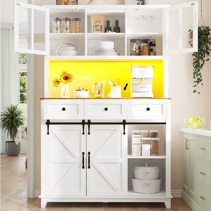 Buffet haut blanc style farmhouse avec LED portes vitrées et rangements