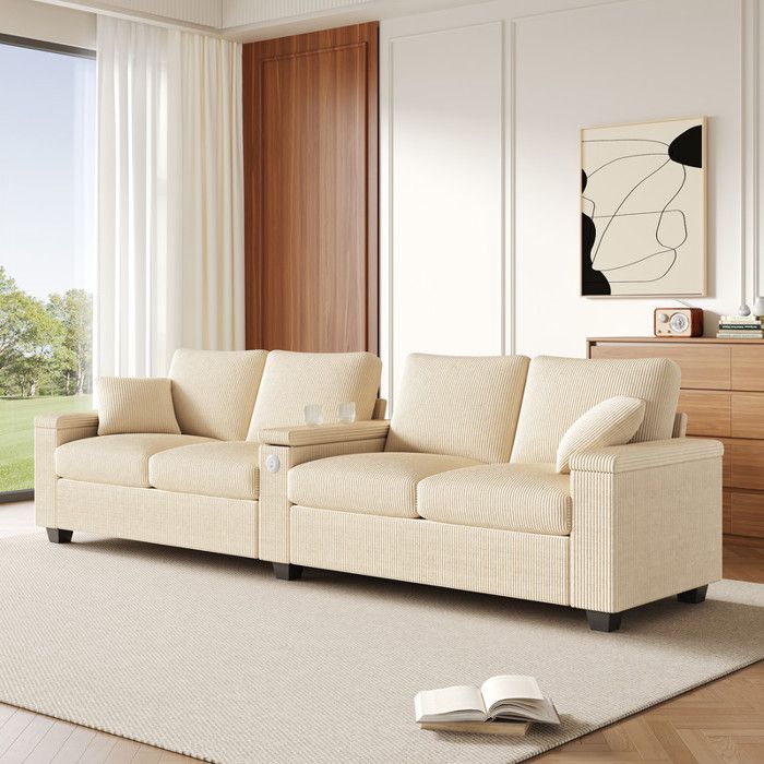 Canapé moderne en velours côtelé avec chargement et rangement USB-C quatre places canapé carré accoudoir central pliable beige