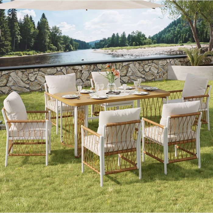 Ensemble repas table de jardin 6 personnes résine tressée fer blanc coussins beige brun naturel