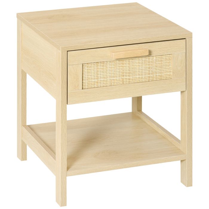 Table de chevet scandinave 1 tiroir cannage rotin et étagère - Table de nuit chambre rangement - Beige bois clair - 40 x 40 x 48 cm