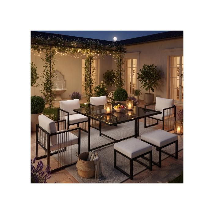 Ensemble de Salle à manger de jardin avec 1 Table 4 Chaises et 2 tabouret Mobilier de extérieur Plateau de table en Verre Ensemble de Salle à manger de jardin avec 1 Table 4 Chaises et 2 tabouret Mobilier de extérieur Plateau de table en Verre