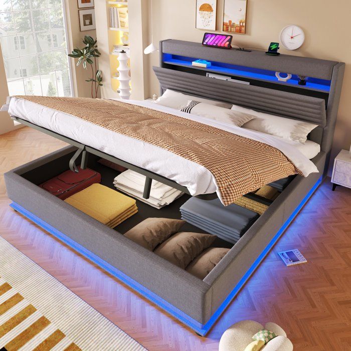 Lit coffre 180x200 cm gris en lin lit rembourré avec éclairage LED USB-C rangement hydraulique et tête de lit rangement