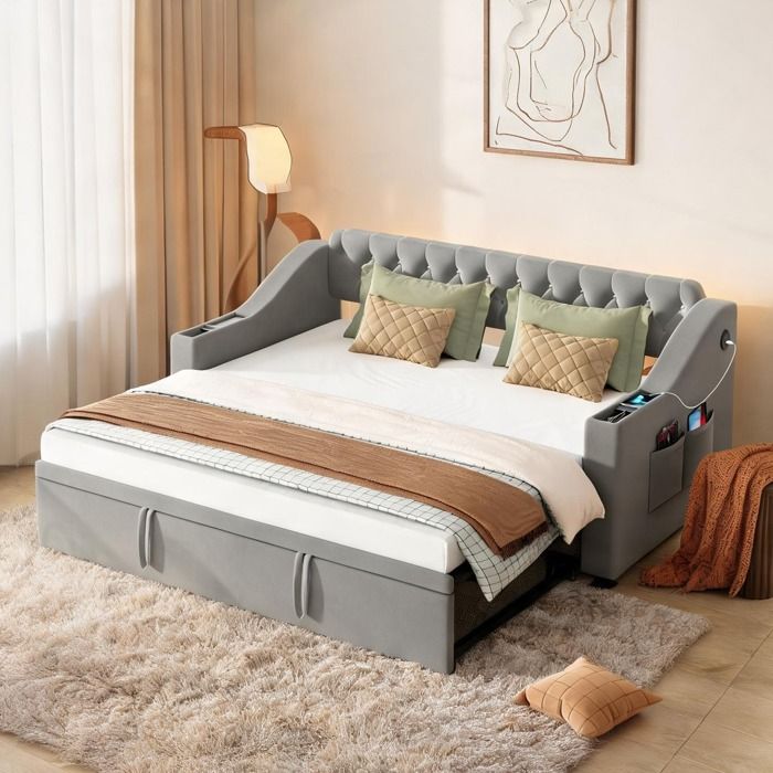 Canapé-lit gigogne en velours doux gris 90x190 cm convertible 180x190 cm coffre et ports USB intégrés