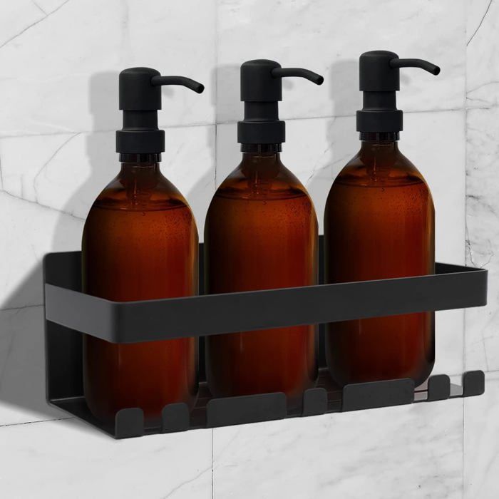 Étagère Douche sans Perçage – Support Douche Adhésif 3M en Acier Inoxydable Noir – Porte Savon & Rangement Shampoing – Étagère Mur
