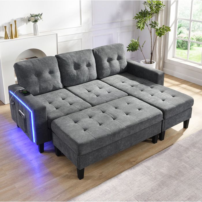COVREO canapé d’angle modulable convertible 3 places avec ottomane mobile LED USB chenille gris antique
