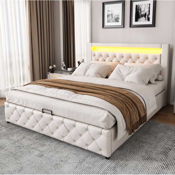 Lit Coffre Rembourré 160 x 200 cm Blanc En PU Avec Sommier À Lattes Éclairage LED Tête De Lit Et Rangement Sous Le Lit