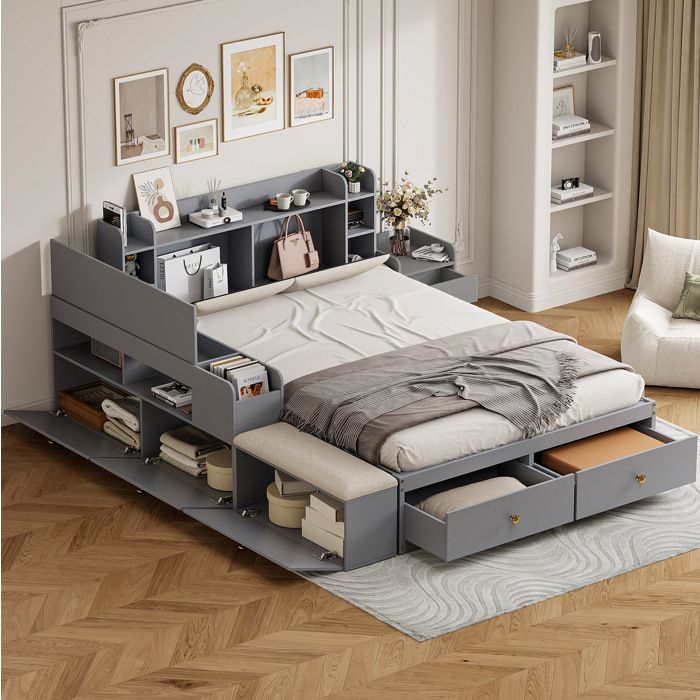 ROVRYN Lit combiné double 140x200 cm bois gris avec rangements intégrés 2 tiroirs banc et table de chevet
