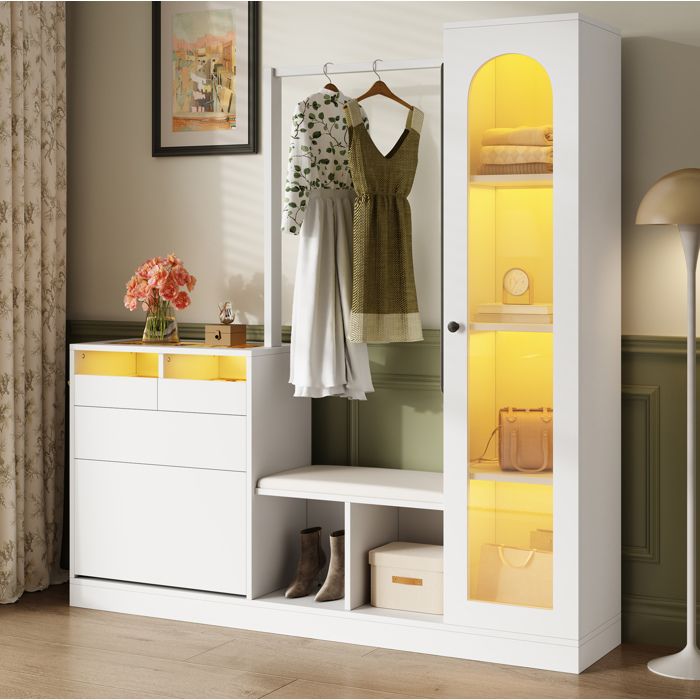 meuble dentrée vestiaire 6-en-1 avec banc à chaussures vitrine en verre miroir pivotant LED blanc ORVRYN