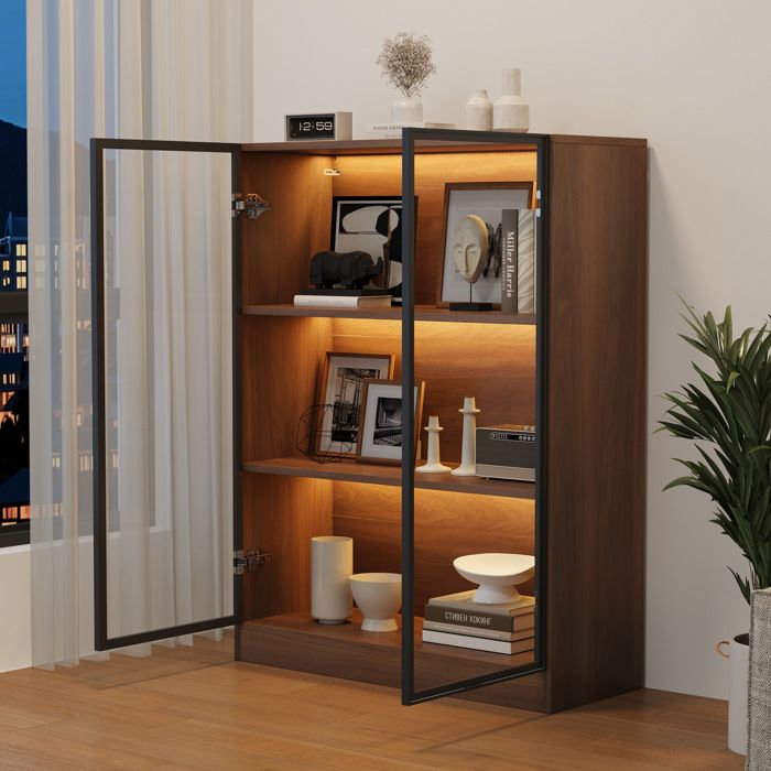 ROVRYN vitrine en verre avec LED 80 x 32 x 106 cm 2 portes cadre aluminium noyer naturel