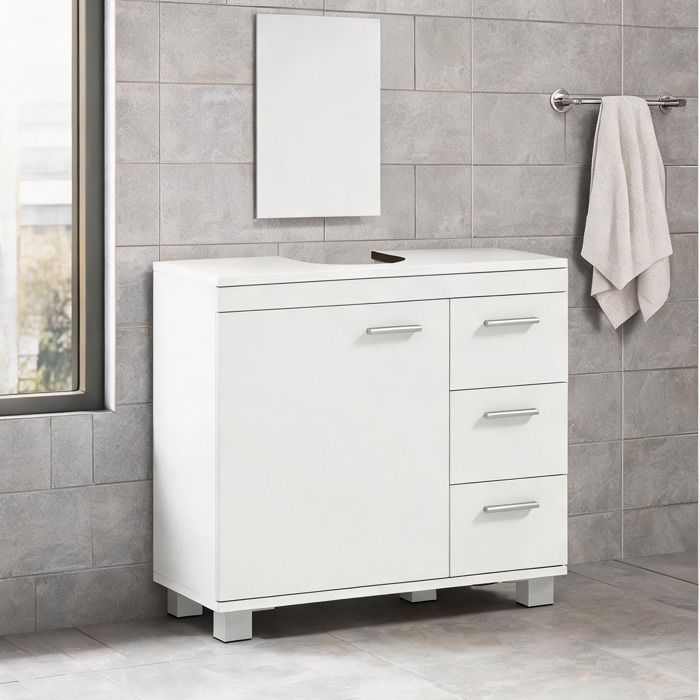 Meuble sous lavabo blanc 70x30x64 cm MDF 3 tiroirs porte à fermeture amortie