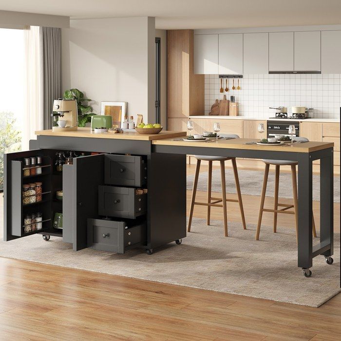 Îlot de cuisine extensible sur roulettes 116-179x45x89cm Desserte de cuisine avec plan de travail 3 tiroirs rangements noir