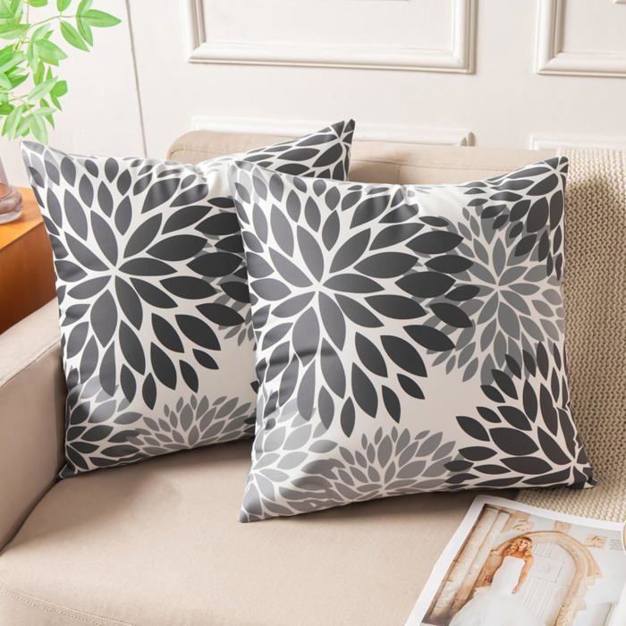 Lot de 2 housses de coussin 40 x 40 cm - velours gris et blanc imprimé floral fermeture éclair invisible
