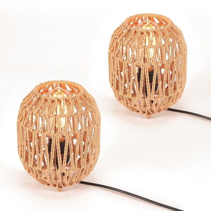WOTTES 2pcs Lampe De Bureau Vintage Rotin Lampe De Chevet Avec Base En Fer Boho Abat-Jour Tressé à La Main E27 Lampe Bureau