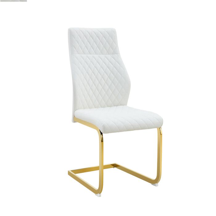 Ensemble table et chaises 60 cm table ronde en MDF aspect bois pied central doré 2 chaises blanches en PU motif losange