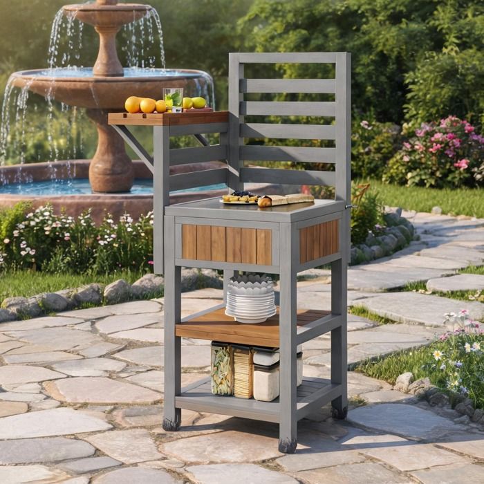 Meuble de rangement extérieur en bois massif 74 x 54 x 149 cm double étagère et plan de travail inox
