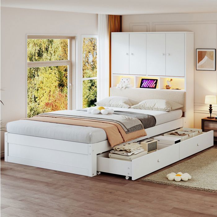 MEUBLIV Lit combiné 1 place 90 x 200 cm blanc avec tête de lit rembourrée LED prise et 2 tiroirs