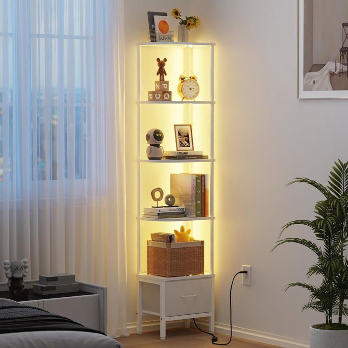 Étagère dangle 5 niveaux éclairage LED et tiroir tissu 37×27 cm finition blanche structure métal design industriel